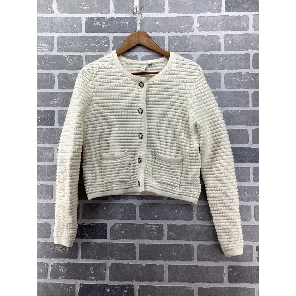 Joie Womens Cream Ribbed Knit Cropped Cardigan Gold Crest Button Sweater Medium